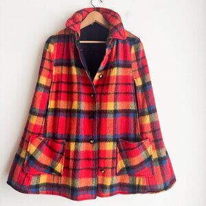 Vintage Plaid to Solid Black Wool Reversible Cape M/L